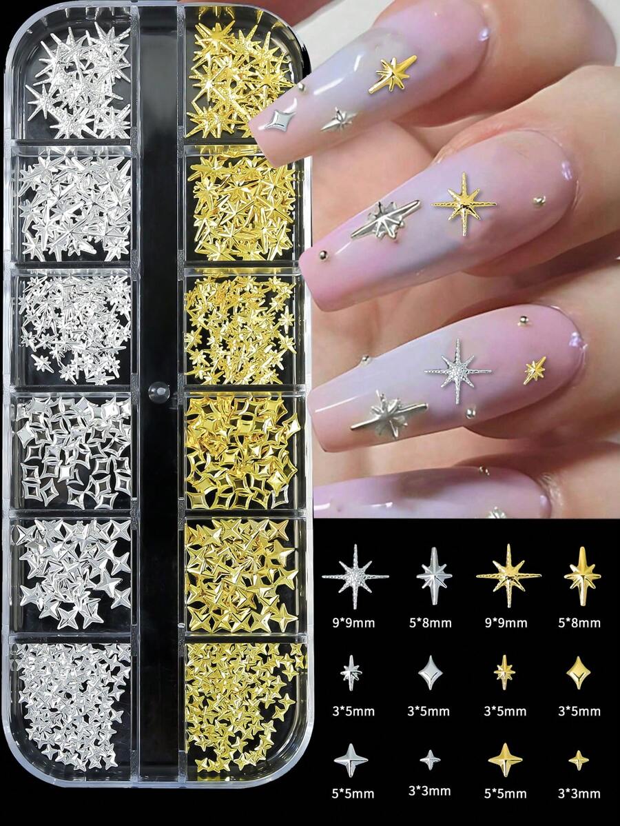 1Box 12 Grid Sparkling Golden Silver Star Nail Rivet Studs - 3D Starlight Butterfly Flower Moon Alloy Metal Nail Supplies Nail Charms For Nails Nail Gems