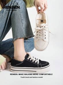 RENBEN 1 双 HABB 女士帆布鞋，2025 年春季新款，一脚蹬款式，百搭时尚，厚底，适合休闲、休闲 - 米色 - 查看 1