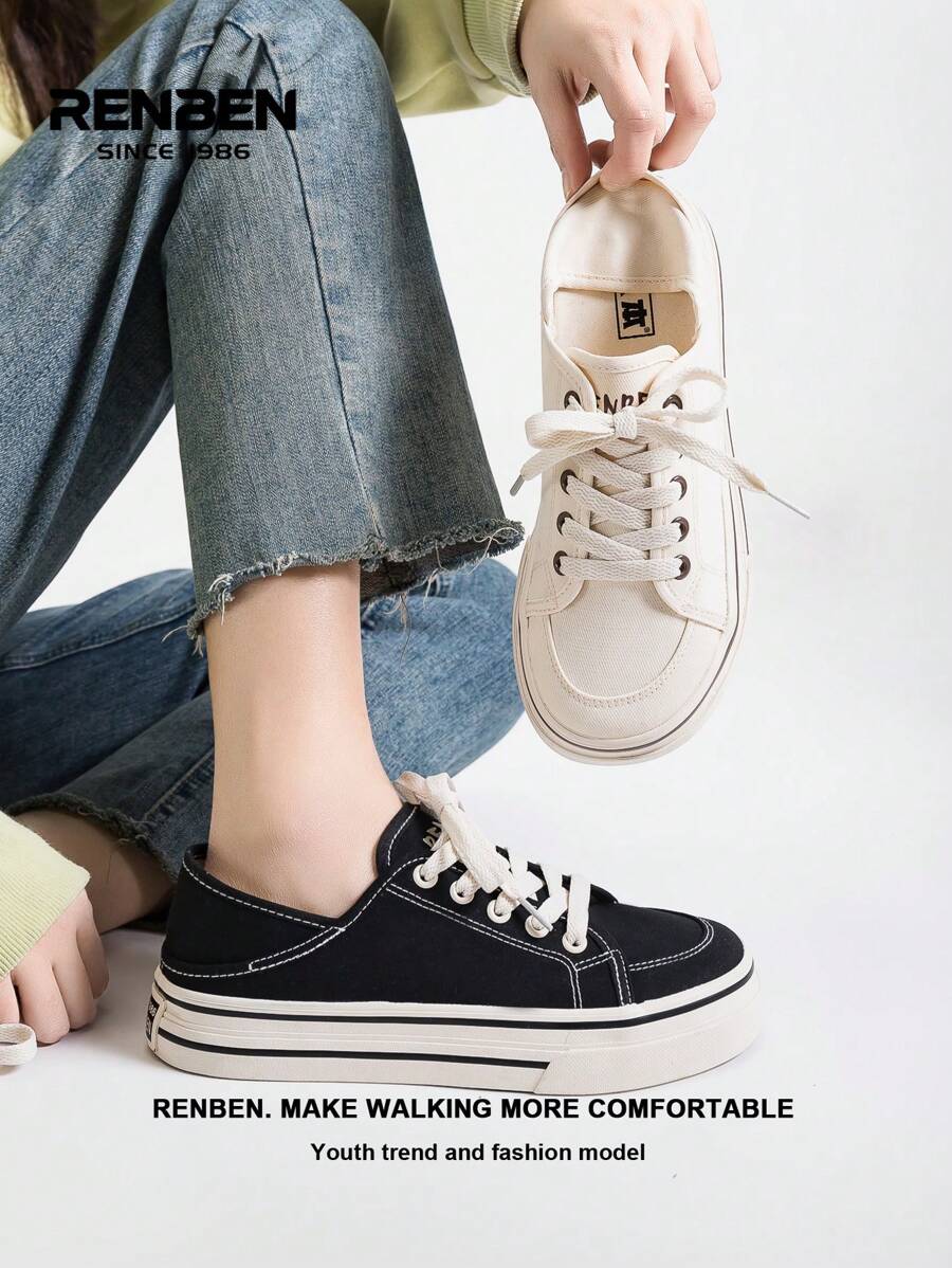 RENBEN 1 双 HABB 女士帆布鞋，2025 年春季新款，一脚蹬款式，百搭时尚，厚底，适合休闲、休闲 - 米色 - 查看 1