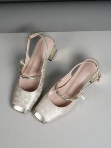 Embroidered Square Toe Block Heel Slip-On Shoes, Versatile Women's Pumps - Apricot - View 5