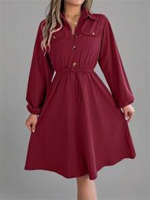 Autumn Lapel Collar Shirt Dress Tie-Waist With Mock Pockets Ruffle Trim Long Sleeve Solid Color Casual Elegance - 酒紅色 - 查看 1