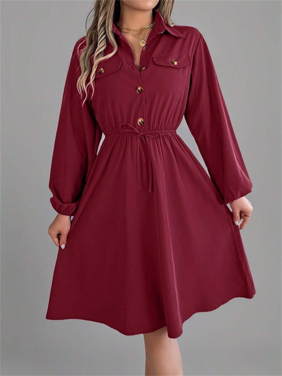 Autumn Lapel Collar Shirt Dress Tie-Waist With Mock Pockets Ruffle Trim Long Sleeve Solid Color Casual Elegance - 酒紅色 - 查看 1