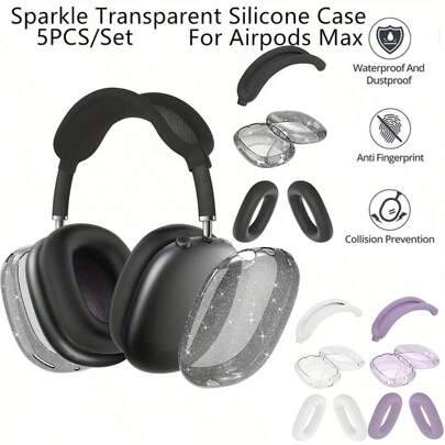 Juego de 5 estuches de silicona con efecto de brillo y lentejuelas compatibles con Airpods Max. Resistentes al agua, al polvo y a los arañazos, con protección de 360° y diseño transparente con chispas. Incluye estuche de silicona transparente con brillo, carcasa de TPU suave, protectores de diadema y cubierta.