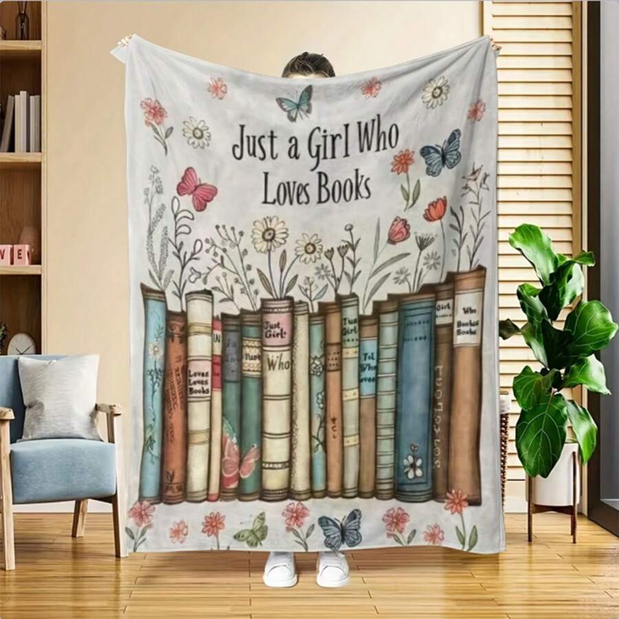 A Bookworm Girl Floral & Butterfly Throw Blanket - Soft, Lightweight Wool Shawl, Perfect For Readers, Ideal Birthday Gift For Girls And Women, Great For Sofa, Bed, Room Decor - Comfortable Year-Round