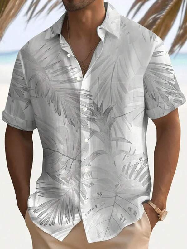 Retro Hawaiian Leaves & Floral 3D Digital Printing Button Pocket Short Sleeve Shirt For Men