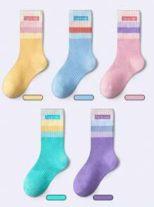5 pares de calcetines de media pantorrilla de unicolor para niñas, estilo lindo de princesa, aptos para estudiantes, deportes, todas las estaciones