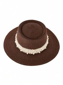 1pc Elegant Bohemian Solid Beaded & Pearl Decor UV Protection Round Top Straw Sun Hat, Fashion & Versatile For All Seasons - Straw Hat - View 11