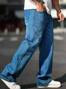 Pantalones vaqueros holgados y casuales de pierna ancha para hombre, pantalones versátiles para todo tipo de ocasiones - Azul lavado medio - Ver 2