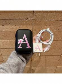 1 Peça Conjunto (1 Peça Bolsa Organizadora de Cabo de Dados + 1 Peça Estojo Protetor de Carregador + 2 Protetores de Porta de Cabo + 1 Peça Abraçadeira de Cabo) Design de Flor e Alfabeto Impresso UV, Compatível com Carregador Rápido Apple