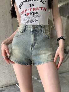 女款高腰直筒蓝色大口袋牛仔短裤 - 藍色 - 查看 2