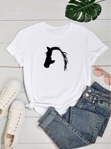 Women's Babylook T-Shirt Horse And Woman Hollow Silhouette Love Animals Horse 100% Cotton Various Colors - 白色 - 查看 2