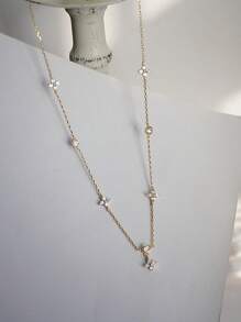 1 件女士项链，铜合金方晶锆石四叶草流苏吊坠项链，分层日常配饰礼物（吊坠数量随机）