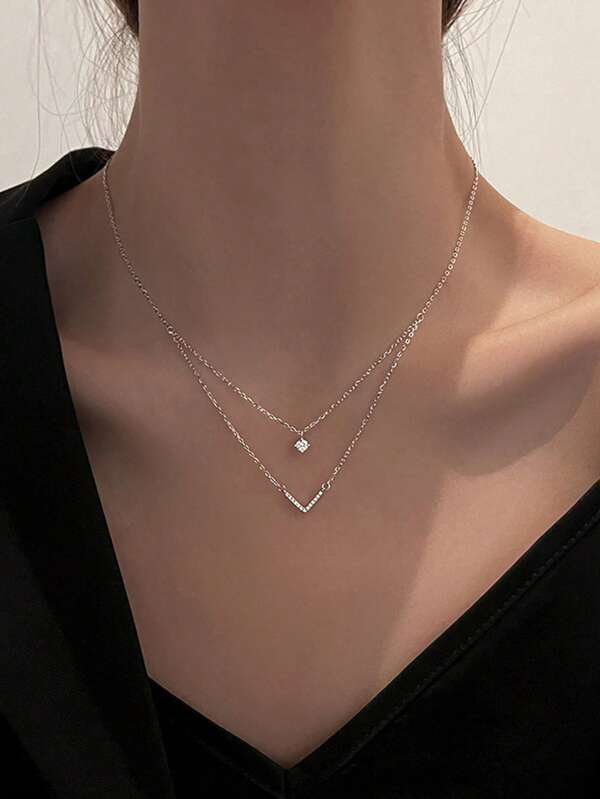 1pc Women's Sparkling Double-Layer V-Shape Stacked Pendant Necklace, Fashionable Personalized Luxury Style Minimalist Delicate Choker, Suitable For Daily Wear And Holiday Gift