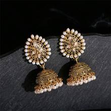 1 Pair Vintage Waterdrop Shaped Pearl & Rhinestone Tassel Alloy Bell Earrings For Women
