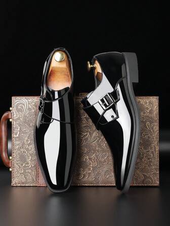 Men's Versatile Fashion Wear-Resistant Glossy Solid Color Dress Shoes, Suitable For Weddings, Groom, Daily Wear, Spring/Summer/Autumn, Black
