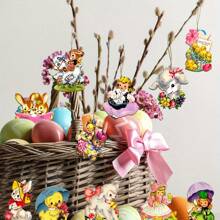 24pcs Spring Easter Wooden Decor, Easter Eggs, Rabbits, Chicks, Lambs, Happy Easter Hollow Wooden Hanging Ornaments Gifts Birthday Graduation