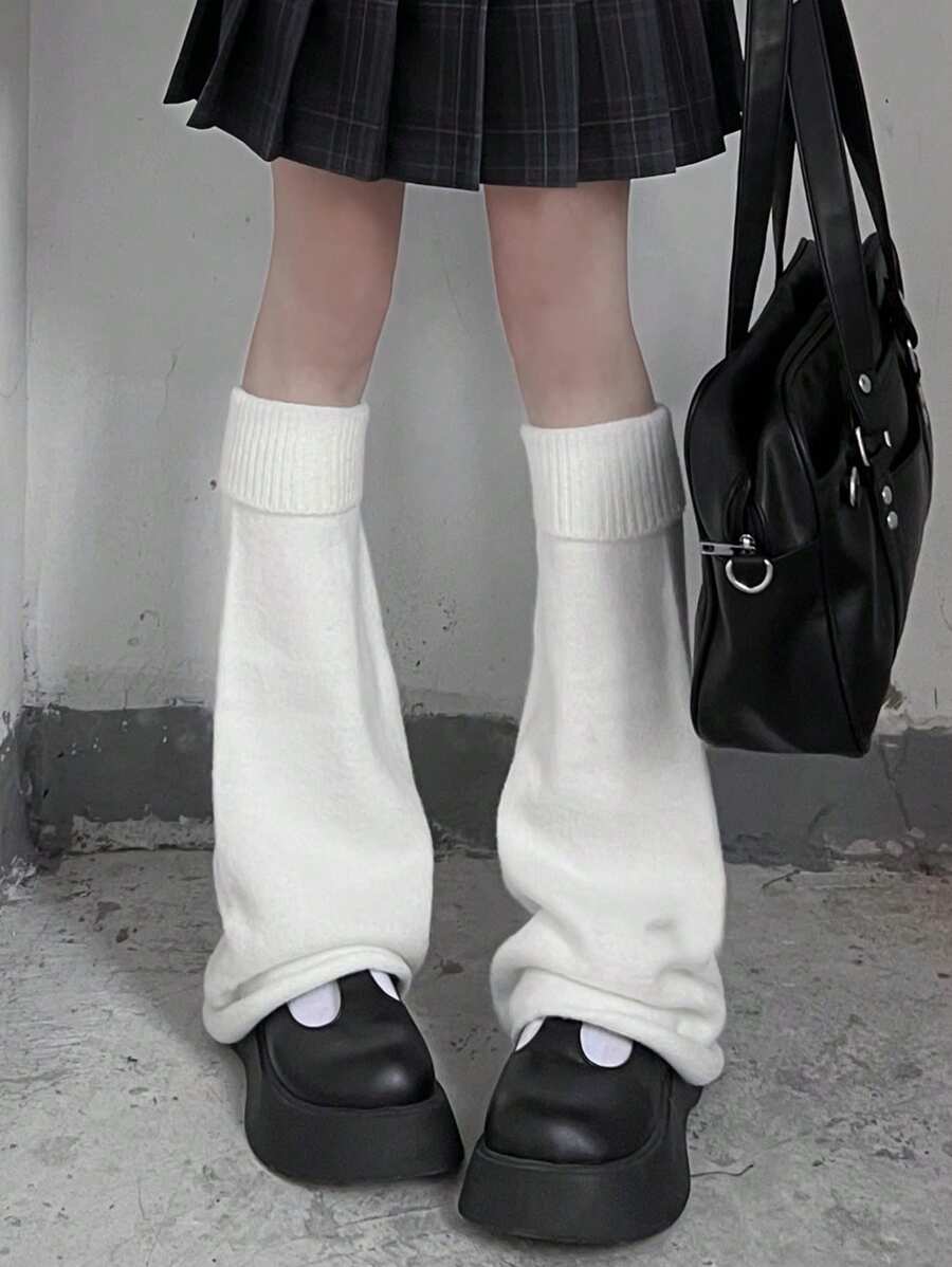 JK日式少女风白色针织喇叭腿套，适合春夏秋季穿着，舒适保暖。 - 白色 - 查看 1