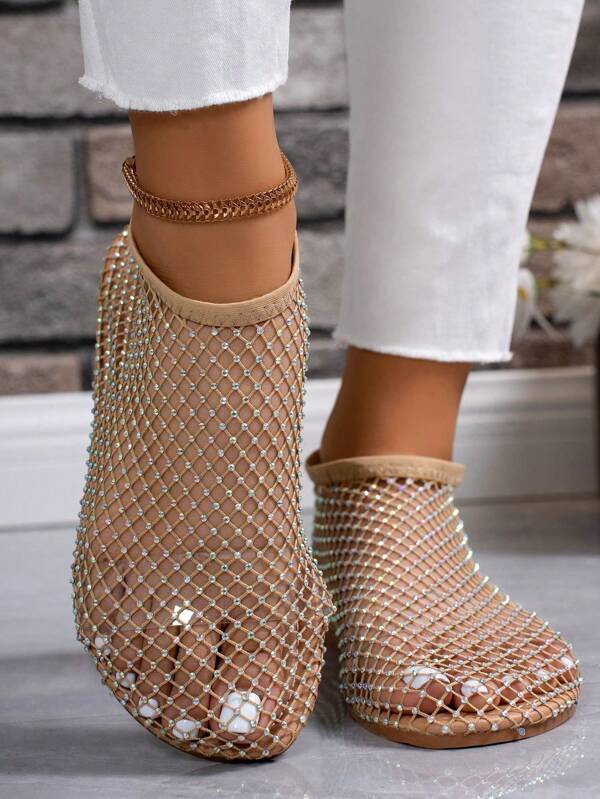 Damen Mesh Strass Slip-On Sandalen, einfarbige flache Strandpantoletten für den täglichen Gebrauch