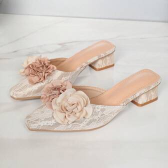 Rose Design Closed Toe Slipper Mid Heel Mules, Fashionable And Versatile Slip-On Sandals For Women, Summer