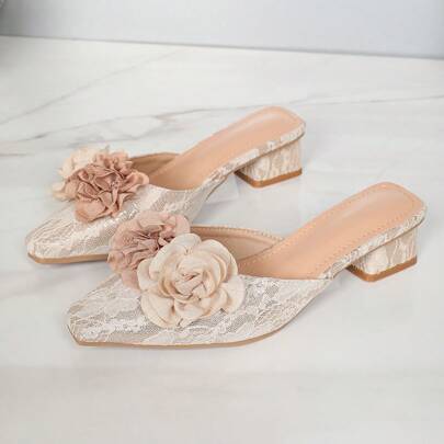 Papuci cu toc mijlociu cu papuci cu degetul închis cu design Rose, sandale la modă și versatile pentru femei, vară