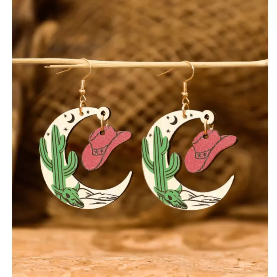 1 对复古牛仔布星星和月亮复古印花木质吊坠耳环，复古印花图案耳环，适合女士