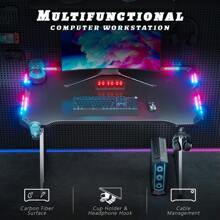HLONONE Gaming Tisch mit LED, Gaming Schreibtisch , Stabiler Computertisch mit Kohlefaserbeschichtung, Gamer Tisch mit Getränkehalter und Kopfhörerhaken, Schwarz - Schwarz - Übersicht 7