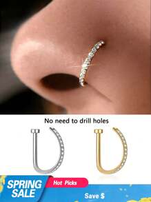 2 Pieces/1-Piece Fashion Nose Rings, Gold And Silver Stainless Steel Nose Rings, Non-Piercing Design Fake Nose Rings, Punk Style, Hip Hop Style, D-Shaped Nose Rings, Crystal Nose Rings, Zirconia-Inlaid Fake Nose Rings