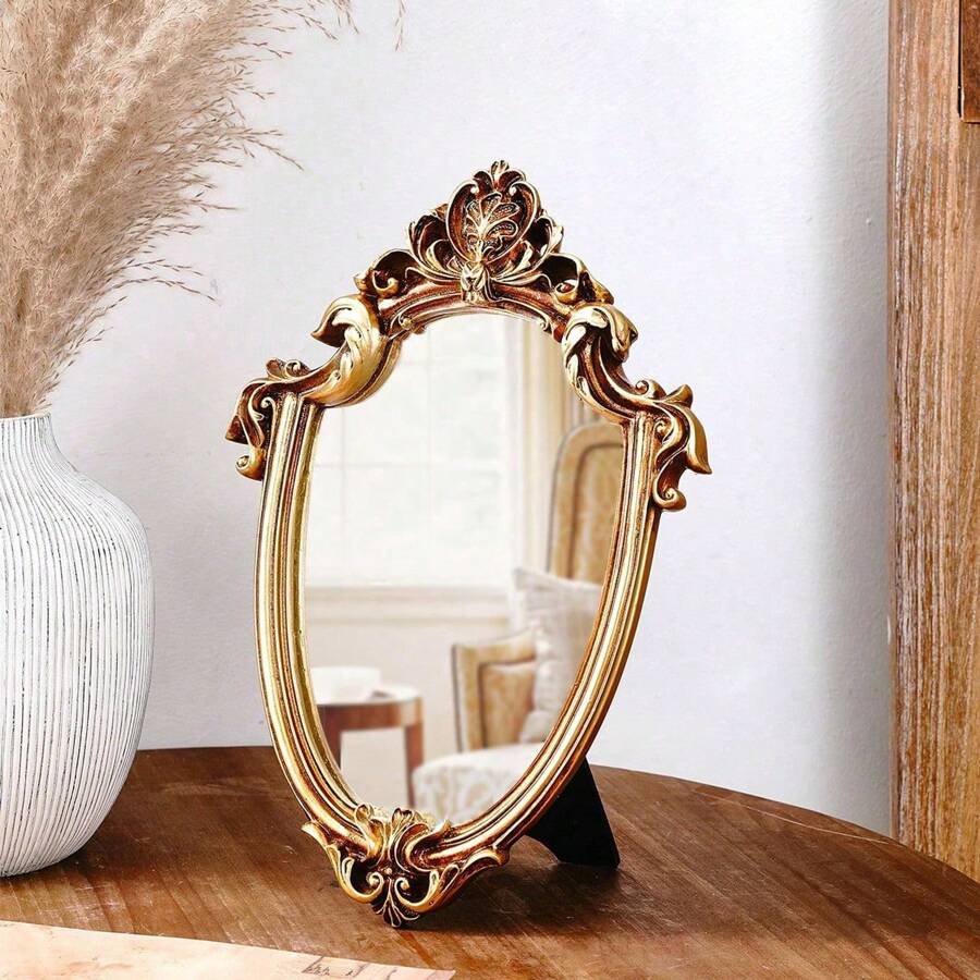 1 peça de ornamento decorativo assimétrico com padrão floral clássico europeu, pode ser pendurado ou colocado na mesa, espelho decorativo estilo palácio europeu para decoração de parede ou penteadeira - Ouro - Ver 1