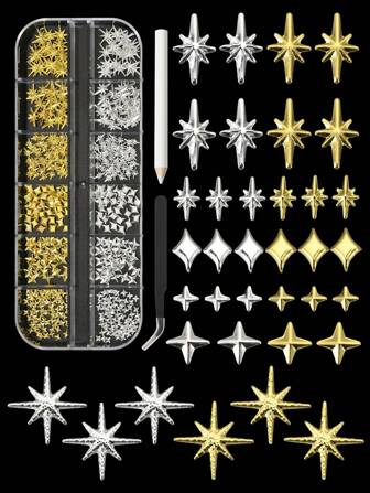 12-Grid Box, 390Pcs 3D Alloy Four-Pointed Star Nail Jewelry Diy Nail Accessories Nail Supplies Nails Nail Charms Nail Gems