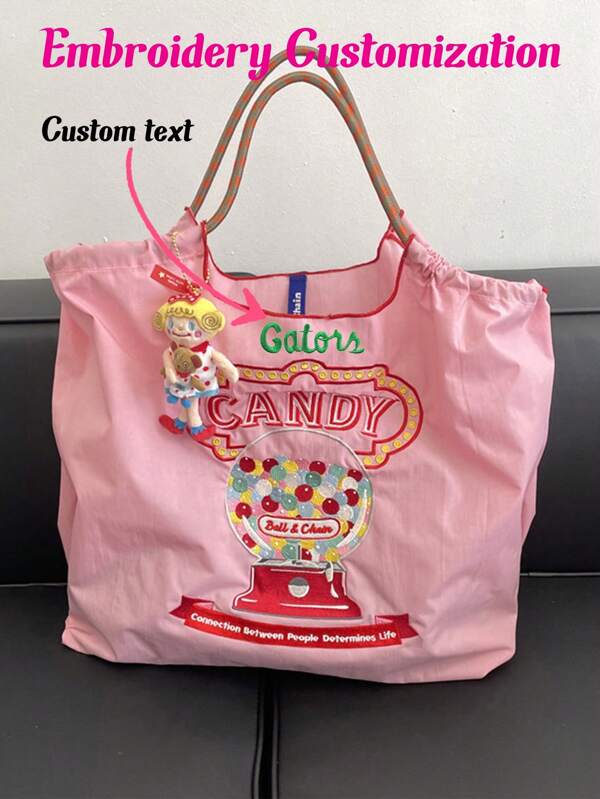 1pc Women Embroidered Candy Machine Pattern Reusable Tote Bag, Customized Name Fashion Nylon Handbag, Shoulder & Crossbody Bag, Large Capacity Commuting Tote, Suitable For Daily Use Or Gifting To Family, Friends, Girlfriend, Christmas, Valentine's Day, Birthday