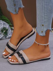 Women's Retro Square Toe Slip-On Sandals, Metallic Buckle Decor, Versatile For Spring/Summer, Fits EU Size, Plus Size