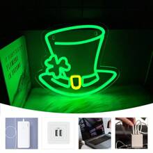 Threan 圣帕特里克节霓虹灯帽子三叶草灯装饰 LED 绿色幸运帽霓虹灯三叶草灯 USB 壁吧客厅窗户装饰春季派对家居卧室艺术礼物