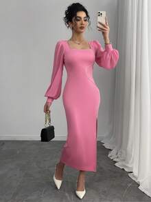 Casual Women's Mid-East Solid Color Woven Ribbon Square Neck Slit Dress