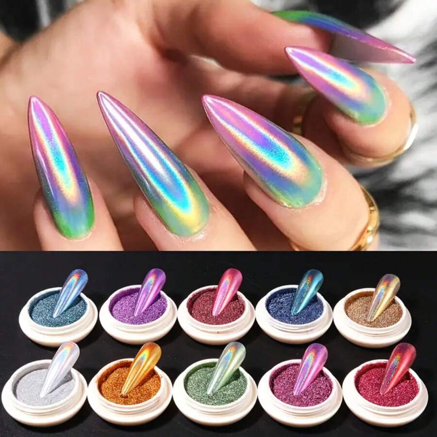 10 Types Of Holographic Nail Powder, Fine Rainbow Holographic Mermaid Gloss Metallic Mirror Pigment Glitter Powder, Suitable For Salon And Home Nail Art DIY Decoration, Round, Ideal For Nail Art, 1g/Jar - 彩色 - 查看 1