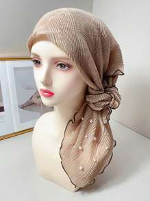 1pc New Spring/Autumn Solid Color Beaded Silk Scarf, Elegant Fringed Crinkle Linen Headscarf & Neck Warmer - Multicolor - View 3