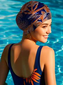 Gorro de natación de tela no impermeable, alta elasticidad, sin presión en la cabeza, con estampado de hojas de moda, talla grande adecuado para cabello largo y circunferencia de cabeza grande