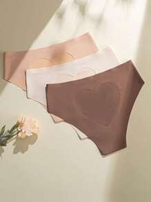 3 件装浅色无缝冰丝心形设计女士内裤，性感心形冰丝内裤，腰部修身隐形三角内裤