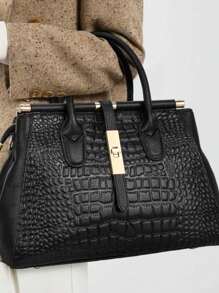 奢华鳄鱼纹手提包，PU 皮革手提包，女士大容量斜挎包，优雅办公和工作包 - 黑色 - 查看 4