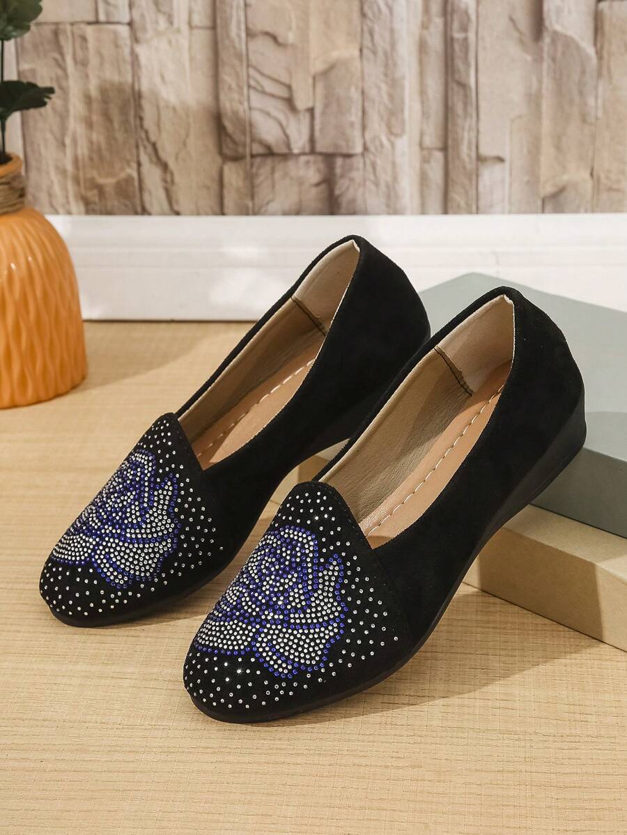 Giày lười đế xuồng đế xuồng thời trang thoải mái mũi tròn họa tiết hoa hồng đính đá Rhinestone, đa năng cho mọi mùa - màu đen - Xem 1