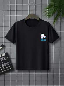 Young Boy Easter Bunny Footprint & Letter Print Short Sleeve Round Neck Casual T-Shirt