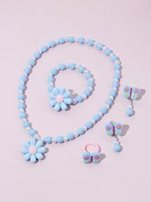 Set de 5 piezas de joyería con collar, pulsera, anillo y aretes con diseño de flores y mariposas, accesorios encantadores con cuentas, adecuado como regalo de cumpleaños para niñas - Azul - Ver 5