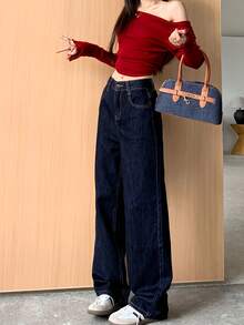 宽松深蓝色直筒复古牛仔裤，女式及地长裤 - 深藍色 - 查看 2