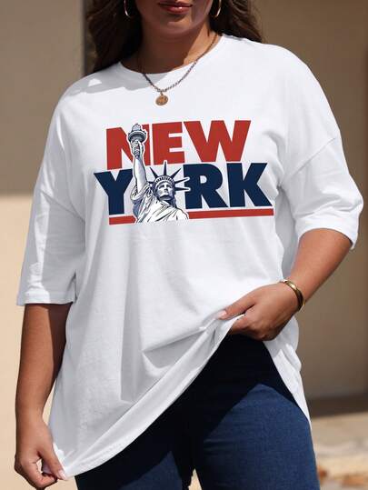 女士大码白色上衣女士时尚宽松大码白色 T 恤白色自由女神像图案印花 T 恤女士休闲宽松圆领大码短袖 T 恤，大码大码女士短袖 T 恤，母亲节/独立日礼物，夏季