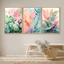 3 pièces/set, Peinture décorative encadrée suspendue sur canevas, affiche, art mural, ensemble d'art sur canevas aquarelle de feuilles tropicales, impressions vibrantes de Monstera et de palmiers, décoration murale de style bohème pour salon, chambre à coucher, bureau à domicile - Style moderne/classique, utilisation intérieure/extérieure, décoration de pièce