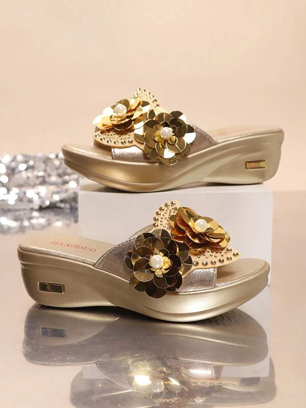 Sandalias de cuña con suela gruesa de moda para mujer con decoración floral, sencillas y elegantes, suaves y cómodas, con plataforma antideslizante y resistente al agua, en color dorado y plateado, para fiestas, eventos casuales y estilos sexys