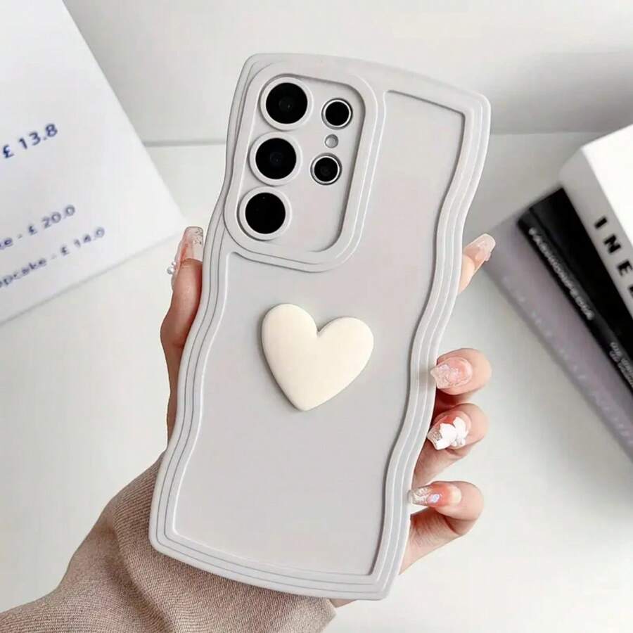 1pc Candy Color Big Wave Heart Shaped Phone Case Compatible With IPhone 16 And Galaxy S24 Ultra - White - View 1
