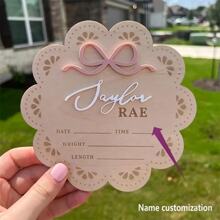 Customized Pink Bow Name Plaque & Birth Announcement Sign Gifts Birthday Graduation - Beige - View 2