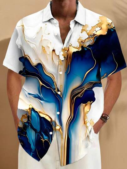 复古抽象渐变 3D 印花大码男式短袖纽扣口袋衬衫