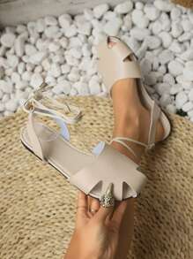 New Lace-Up Fashion Casual Solid Color Comfortable Simple Versatile Women Flat Sandals - Rice - View 1