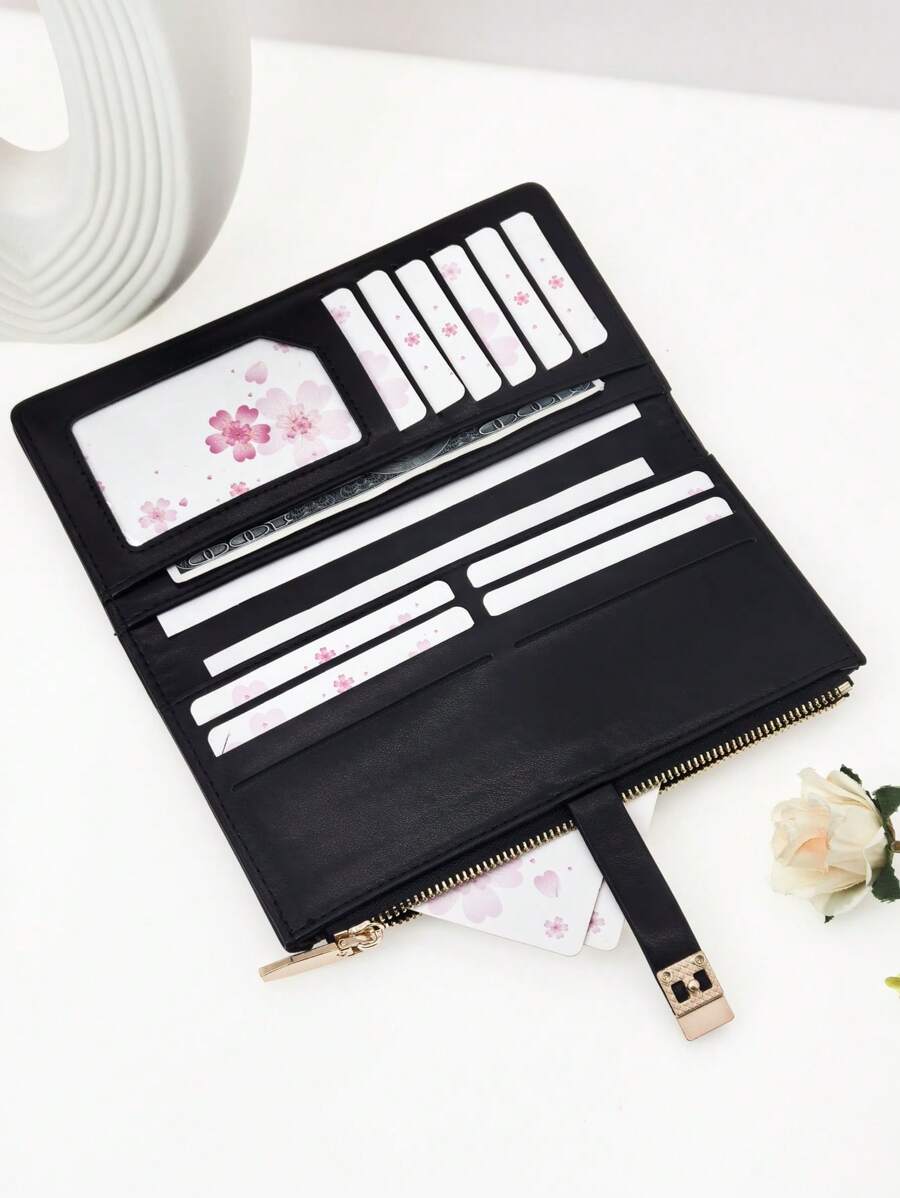 MINGYOU Women's Long Wallet, PU Vintage Patchwork Contrast Color Sophisticated Button Design, Large Capacity Multi-Card Slots Functional Card Holder Document Organizer, Young People's Zippered Coin Purse, Small & Lightweight, Suitable As Holiday Gift - Black - View 1